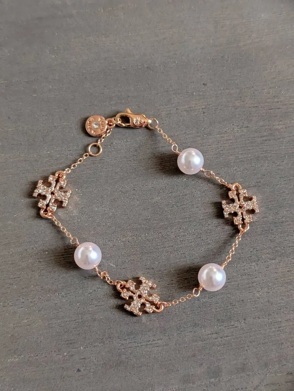 TORY BURCH Kira Pave Logo Delicate Pearl Rose Gold Chain Bracelet